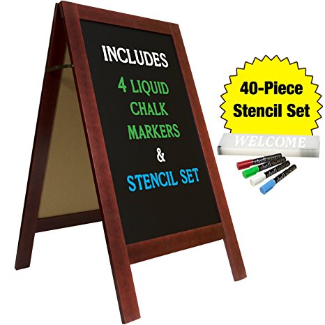 Large Sturdy Handcrafted 40" x 20" Wooden A-Frame Chalkboard Display / 4 LIQUID CHALK MARKERS & STENCIL SET / Sidewalk Chalkboard Sign Sandwich Board / Chalk Board Standing Sign (Cherry)