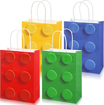 Building Block Party Favor Bags, Bricks Candy Treat Paper Bags, Party Gift Goodie Bags with Handle for Building Block Birthday Party Baby Shower Decoration Supplies (Red Yellow Blue Green, 24)