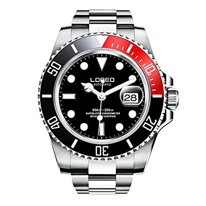 LOREO Mens GMT Silver Stainless Steel Sapphire Black And Red Rotating bezel Men's Automatic Watch