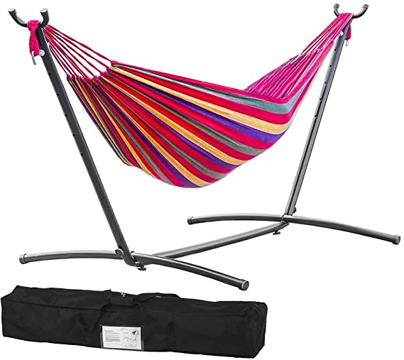 TechFaith Double Hammock Two Person Adjustable Hammock Bed with Space Saving Steel Stand Includes Portable Carrying Case, Easy Set Up (Caribbean)
