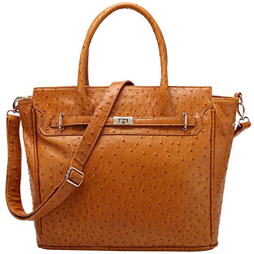 FASH Limited Ostrich Skin Turn Lock Tote Handbag Top-Handle Bag