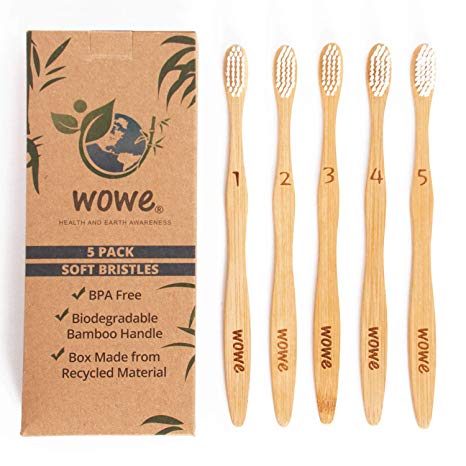 Wowe Natural Organic Bamboo Toothbrush Eco-Friendly Wood, Soft BPA Free Bristles, Pack of 5