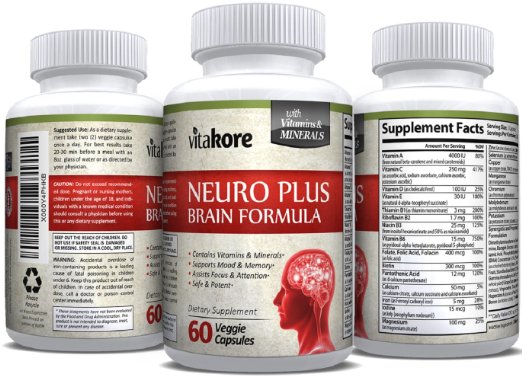 Vitakore Neuro Plus Brain Formula - Best Pure Natural Brain Support Supplement for Memory Mental Clarity and Focus with Vitamins - 60 DMAE Capsules