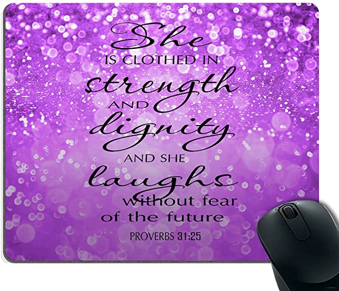 Smooffly Proverbs 31:25 Mouse Pad,Bible Verse Purple Sparkles Glitter Pattern Mouse Pad