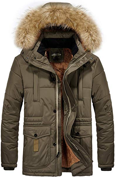 RongYue Men's Winter Thicken Coat Faux Fur Lined Quilted Jacket with Removable Fur Hood