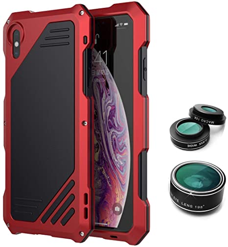 iPhone XR Case,Luxury Zinc Alloy Metal Protective Case with Built-in Gorilla Glass Screen Protector Shockproof Military Bumper Heavy Duty Cover with 3 Lens Kit (RED)
