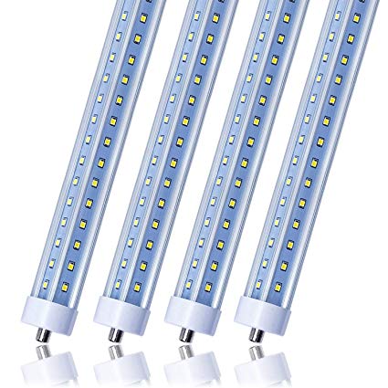 T8 T10 T12 LED Light Tube, 8ft, 72W (150W Equivalent), 6500K, 7200 Lumens, Single Pin FA8 Base, V Shape, Clear Cover, Dual-Ended Power, Ballast Bypass, Fluorescent Light Bulbs Replacement (4-Pack)