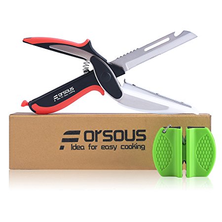 Forsous 6-in-1 Food Chopper - Universal Kitchen Scissors Slicer Cutter Carver Cutting Board Opener with Sharpener for Vegetables, Fruits, Meat, Fish, BBQ's - replace your Kitchen Utensils