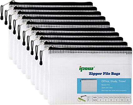 A5 Mesh Files Zip Lock Bags, Ipow 10 Pcs Reinforced Folder Wallets Waterproof Surface Document Pouches Zipper Storage Pouch for School Office Organize Supplies, Document, Medication, Cosmetics, Travel Accessories