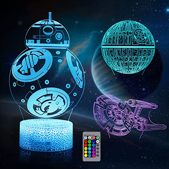 3D Illusion Night Light for Kids, LED Desk Lamp 3 Pattern & 16 Color Change Decor Nightlight, Death Star/BB-8/Starships Toys As Best Gifts for Kids and Star Wars Fans