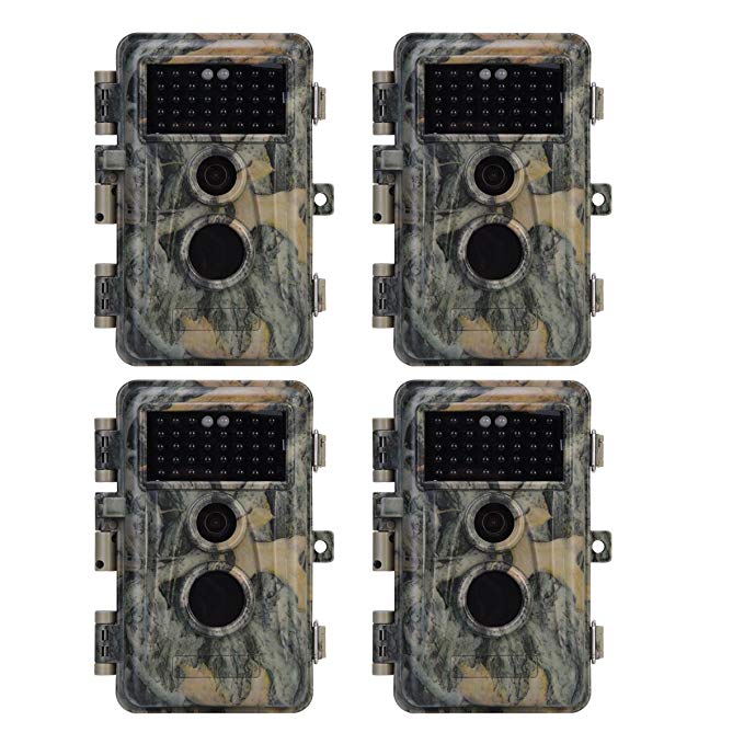 BlazeVideo 4-Pack 16MP 1080P No Glow Trail Game Camera 65ft Infrared PIR Sensor Distance 38pcs IR LED Night Vision Wildlife Deer Hunting Video Cams 2.4" LCD Motion Activated IP66 Waterproof Protected