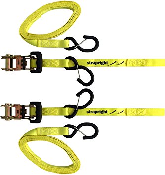 Motorbike Ratchet Tie Down Straps with Soft Loop. 2 Pack at 14ft, Super Strong 3300 BS. Latched Hooks to Lock Them in Place. Perfect at Holding Down ATV’s, Motorcycles, Lawnmowers, Quad or Dirt Bikes