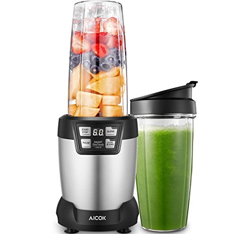 Aicok Smoothie Blender 1200 W, Personal Blender with 2 Tritan Travel Cups(1*35 oz and 1*28 oz), 28,000RPM High Speed Professional Blender, LED Smart One Touch, Silver