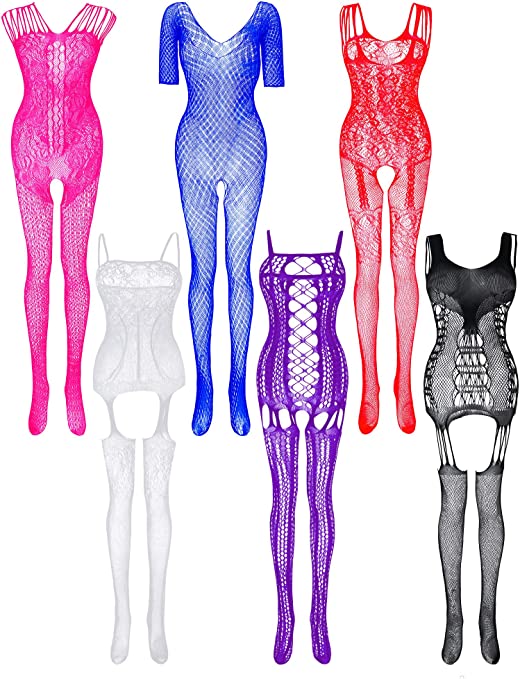 6 Pieces Valentine's Day Women Fishnet Bodystocking Bodysuit Mesh Lingerie Stockings Hollow Fishnet Sleepwear