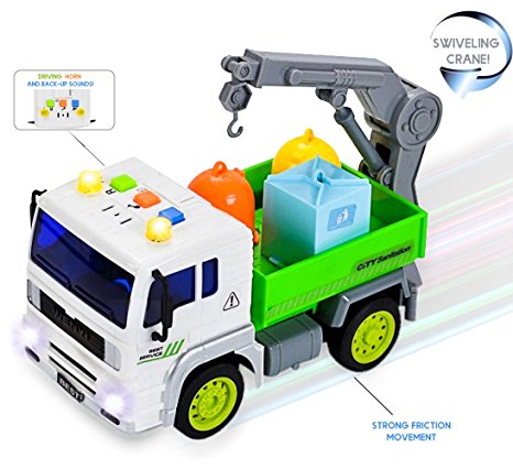 FUNERICA Garbage Truck Toy with Sound Effects, Working Lights & Swivel Crane for Loading and Unloading 3 Colored Sanitation Garbage Cans - Super-Strong Friction Rolling Action – Pick Up Truck Style