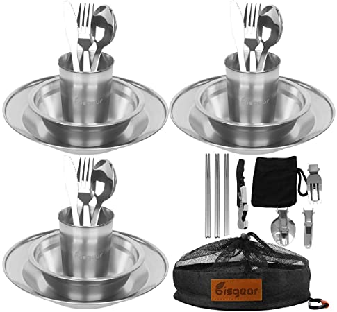 Bisgear 13-34pcs Stainless Steel Tableware Mess Kit Includes Plate Bowl Cup Spoon Fork Knife Chopsticks Carabiner Wine Opener Dishcloth & Mesh Travel Bag for Backpacking & Camping