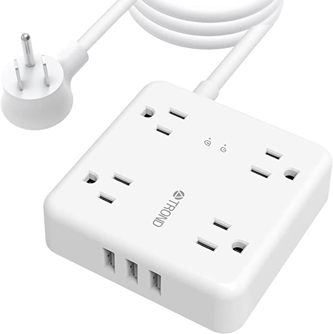 TROND Surge Protector Power Bar with 3 USB Ports, 4 Widely-Spaced Outlets, 10ft Long Extension Cord Indoor, Power Strip Flat Plug, 1440 Joules, Desk Power Bar Wall Mount for Home, Office, Dorm, White