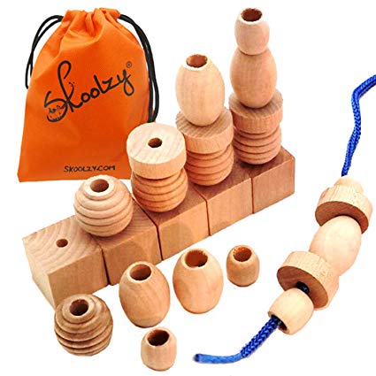 Skoolzy Wood Lacing Beads for Kids - 25 Natural Wooden Beads Materials - Shape Sorting Montessori Toys for Toddlers Learning Activities - Waldorf Manipulatives For Preschoolers Fine Motor Skills Toys
