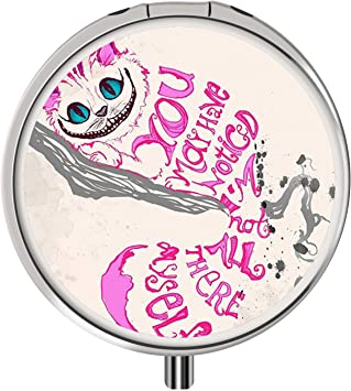 Pill Box, Round Stainless Drug Case with Three Compartment, Custom Medical Kit Storage for Travel Purse Pocket - Pink Cheshire Cat