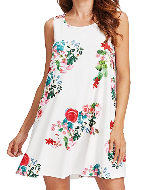 Romwe Women's Floral Print Sleeveless Summer Loose Tunic Swing Tank Dress