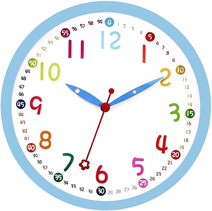 Lucor Colorful Kids Wall Clock 12 Inch Silent Non-Ticking Quality Quartz Battery Operated Wall Clocks, Easy to Read Multi Colored Numbers Nursery Classroom Office Kitchen, Blue Frame