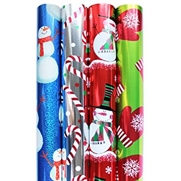 Premium Foil and Hologrphic Christmas Holiday Wrapping Paper Rolls - Pack of 4 Rolls 160SQFT HOLO Blue Snowman, Metallized Silver Big Candycanes, Whimsical Snowman in Red, Warmly Gloves in Lime Green