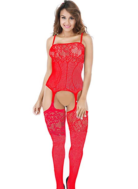 ZIUMUDY Women's Sexy Fishnet Crotchless Strap Floral Bodystocking Stretch Tights