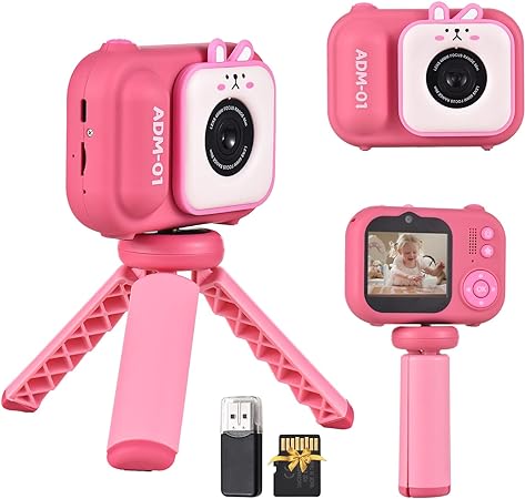 Andoer 1080P Kids Digital Camera Mini Video Camera for Kids 48MP 2.4 Inch IPS Screen Dual Lens Built-in Battery with 32GB Memory Card & Card Reader & Desktop Tripod Birthday Pink