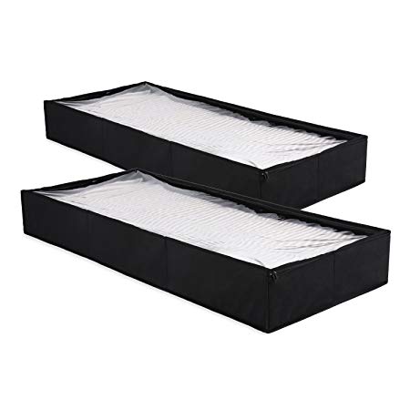 Magicfly Under Bed Storage Bags, Sturdy Cardboard in Each Side & Upgrade Quality Zipper & Transparent Top Underbed Organizer for Tidy Up Your Closets, Blankets, Linen Cloth, (Pack of 2), Black