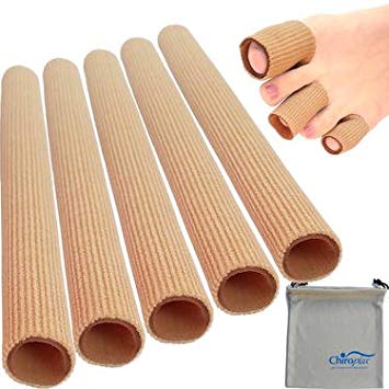 Chiroplax Gel Toe Protector Sleeves (5 Tubes  1 Pouch: 6 inches Each), Finger Toe Tubing, Soft Fabric with Silicone Lining for Bunion, Hammer Toe, Callus, Corn, Blister (Size Combo)