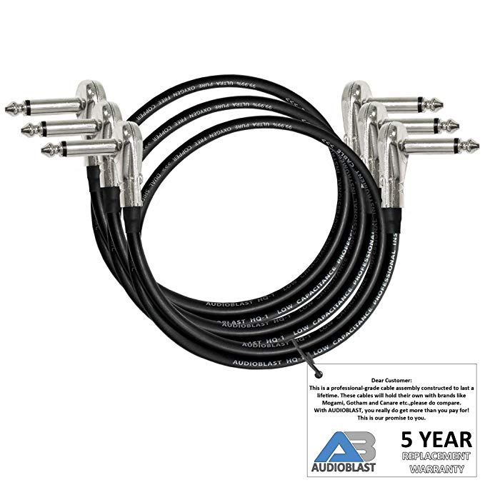 3 Units - 2 Foot - Audioblast HQ-1 - Ultra Flexible - Dual Shielded (100%) - Instrument Effects Pedal Patch Cable w/ ¼ inch (6.35mm) Low-Profile, R/A Pancake Type TS Connectors & Dual Staggered Boots