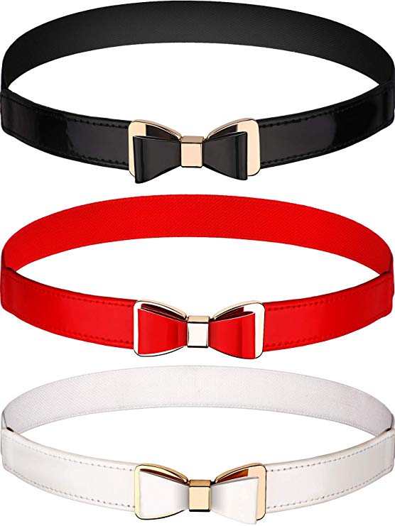 3 Pieces Women Skinny Waist Belt Thin Stretchy Bow Belt for Dress, 3 Colors