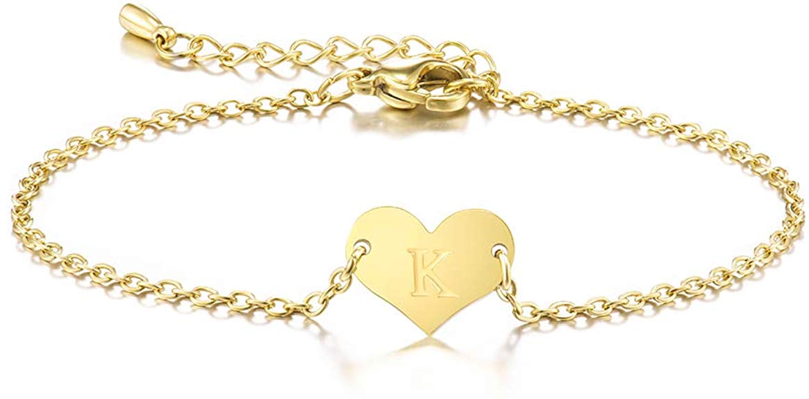Sincere Initial Letter 14k Gold Plated Bracelets Heart Charm Jewelry Valentine's Day Bridesmaid Gifts for Women Teen Girls Girlfriend Adjustable Chain 7" 1"
