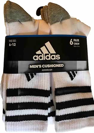 adidas Men's Cushioned Aeroready Crew Socks (6 pair) white three stripe White/Black/Grey (Men's Shoe Size 6-12)