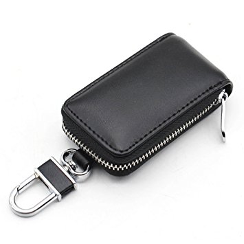 Car Key Chain Bag, Nuoxinus Genuine Leather Car Smart KeyChain Coin Holder Hook and Keyring Wallet Zipper Case for Auto Remote Key Fob - Black