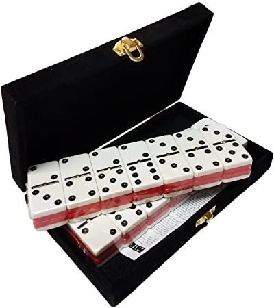 Marion Domino Double Six - Red & White Two Tone Tile Jumbo Tournament Size w/Spinners in Deluxe Velvet Case