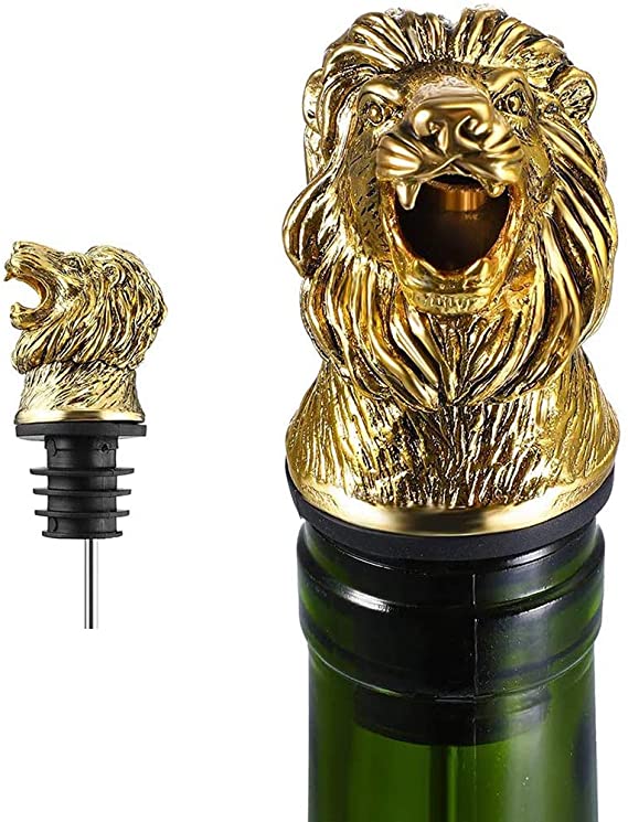 Lion Head Wine Pourer Spout,Animals Shape Wine Pourer Aerator,Perfect Festival Gift Set,Zinc alloy, for Home and bar, Animal Wine Pourer and Stopper,1Pcs(Golden)