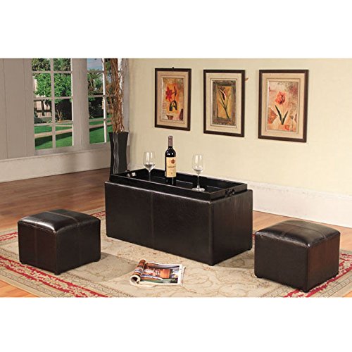 Roundhill Furniture Espresso Bonded Leather Storage Coffee Table with 2 Ottomans
