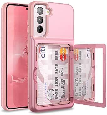 WeLoveCase for Samsung Galaxy S21 Wallet Case with Credit Card Holder & Hidden Mirror, Defender Protective Shockproof Heavy Duty Protection Phone Cover for Samsung Galaxy S21 5G, 6.2 inch Rose Gold