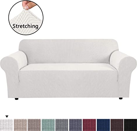 H.VERSAILTEX Stretch Couch Cover Sofa Covers Furniture Cover Sofa Slipcover 1-Piece Feature High Spandex Textured Lycra Small Checks Jacquard Fabric with Elastic Bottom(Sofa 72"-96" Wide: Ivory)