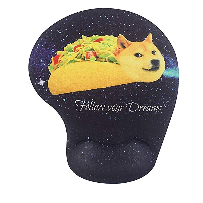 Memory Foam Mousepad with Wrist Support, Doge in Taco Galaxy Space Fllow Your Dream Amusing Mouse Pad Wrist Rest, Super Non-Slip PU Base