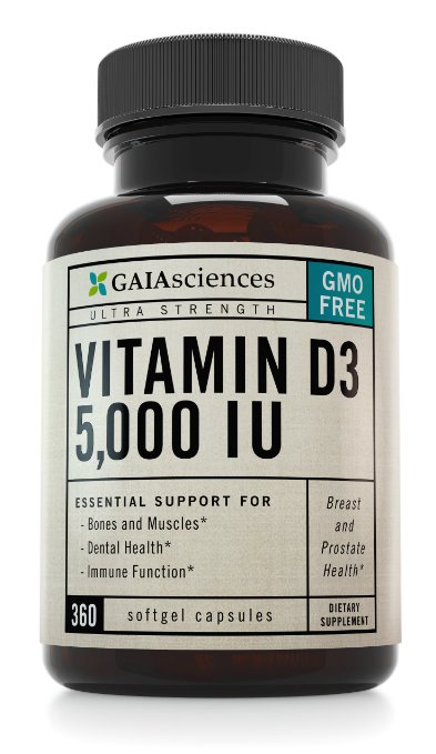 Gaia Sciences Vitamin D3 5000 IU in Cold-Pressed Organic Olive Oil GMO-Free High Potency Softgels 360 ct