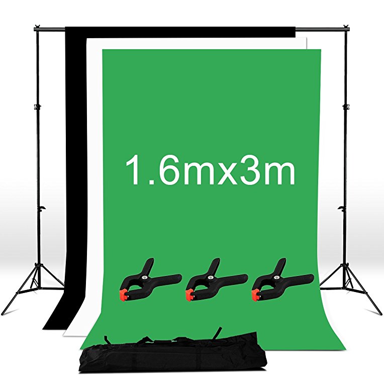 BPS Adjustable Photo Studio Backdrop Screen Support Stand System Kit - 3m x 1.6m Non-Woven Black White Chroma Key Green Backgrounds   Backdrops Support Stand System   3x clamps   Carry bag