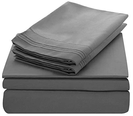 Lux Decor Collection Bed Sheet Set - Brushed Microfiber 1800 Bedding - Wrinkle, Stain and Fade Resistant - Hypoallergenic - 4 Piece (King, Embroidery Grey)