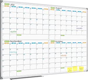 JILoffice Magnetic Dry Erase Calendar Whiteboard, 4 Month White Board Planner 48 X 36 Inch, Silver Aluminum Frame Wall Mounted Board for Office Home and School