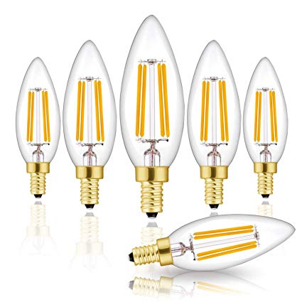 Hizashi Fully Dimmable Candelabra LED Bulbs 4W, 450 Lumens, 40W Equivalent E12 B10/B11 Filament LED Candle Bulbs, 2700K Warm White, 90  CRI, UL Listed Chandelier Light Bulbs- 6 Pack