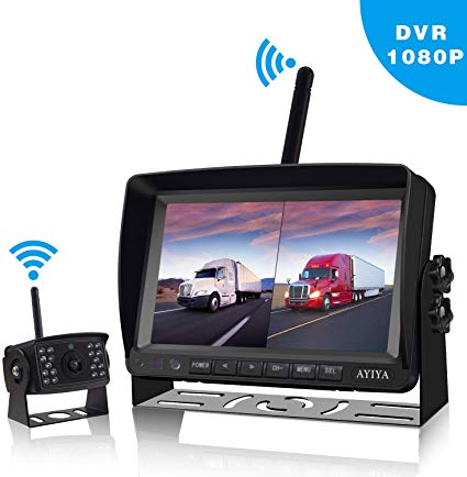 1080P FHD Digital Wireless Backup Camera System with DVR, 7'' Split Monitor   IP68 Waterproof Night Vision Camera, Rear/Side/Front View Observation Kit with Guide Lines for Bus/Truck/RV/Trailer
