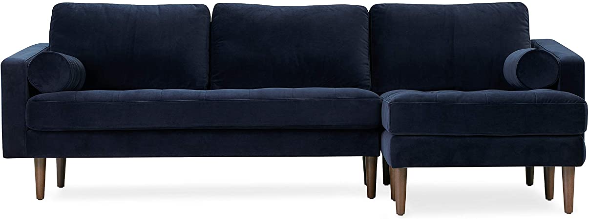 Poly and Bark Napa Right-Facing Fabric Sectional Sofa in Navy Velvet
