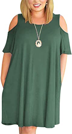 Nemidor Women's Cold Shoulder Plus Size Casual T-Shirt Swing Dress with Pockets