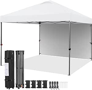 Yaheetech 10x10 Pop up Canopy Tent w/1 Sidewall, Instant Commercial 150D Silver Coated Fabric Outdoor Instant Tent w/Wheeled Bag, 4 Sandbags, 8 Stakes & 4 Ropes for Parties, Camping, Beach, White